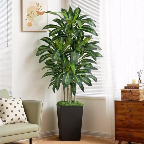 Keeplush 6FT Artificial Dracaena Tree with Planter - Highly Realistic Silk Fake Tree, Adjustable Branches, Maintenance-Free Indoor Faux Plant for Home Office Decor (180cm)
