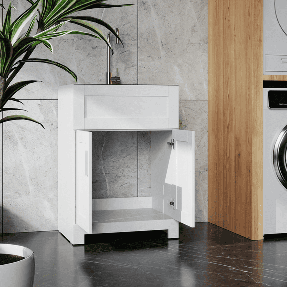 Keepoman 24inch Bath Vanity with Paint Free Laundry Tub and Stainless Steel Combo, Cabinet Storage for Bathroom, Living Room, Hallway, White