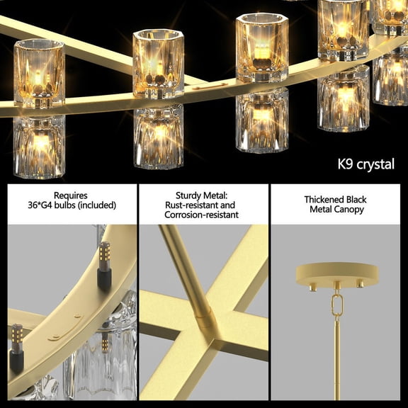Keepoman 36inch Chandelier Pendant Hanging Ceiling Light Fixtures with Round, K9 Crystal and 36XG4 Bulbs for Dining Room, Living Room, Bedroom, Gold