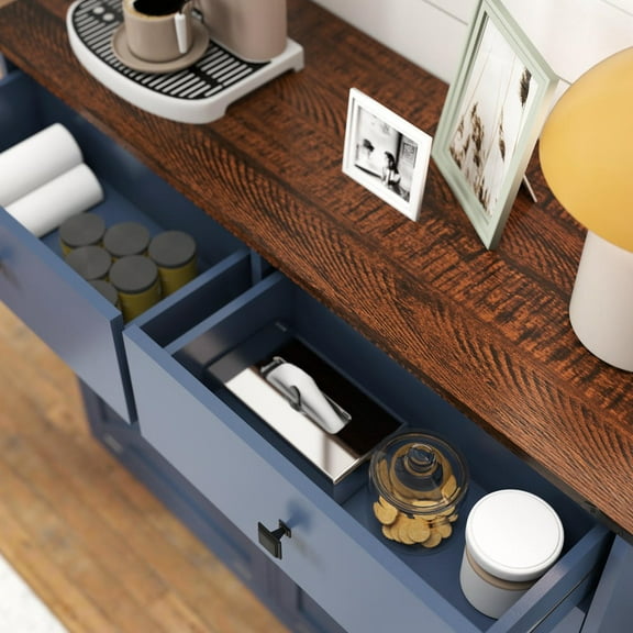 Keepoman Garbage Cabinet with Hideaway Drawer, Barn Door Style Laundry Sorter Cabinet and Tilt Out Trash Cabinet, Waste Storage Cabinet with 20 Gallon Trash Cans for Kicthen, Home, Blue