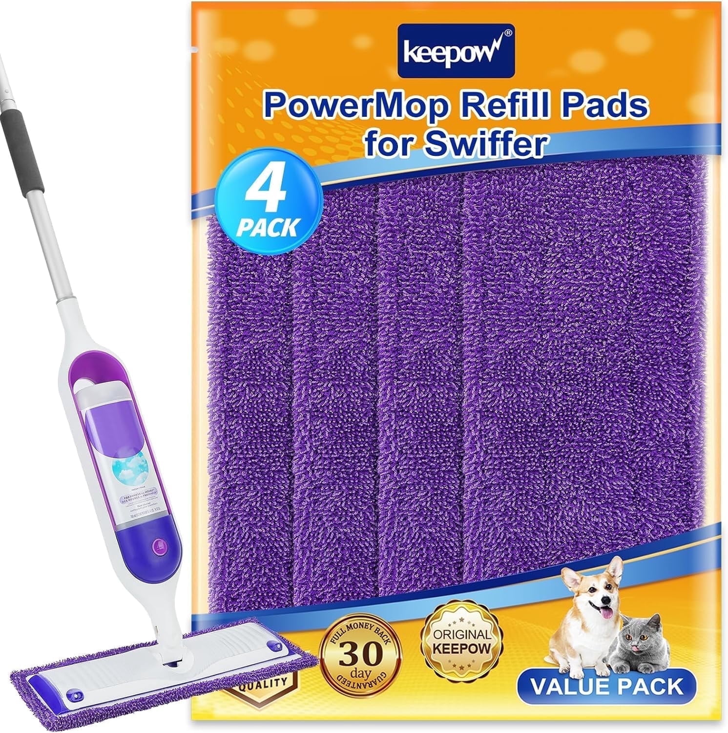 Keepow Reusable Power Mop Pads Compatible with SwifferPowerMop, 4 Pack