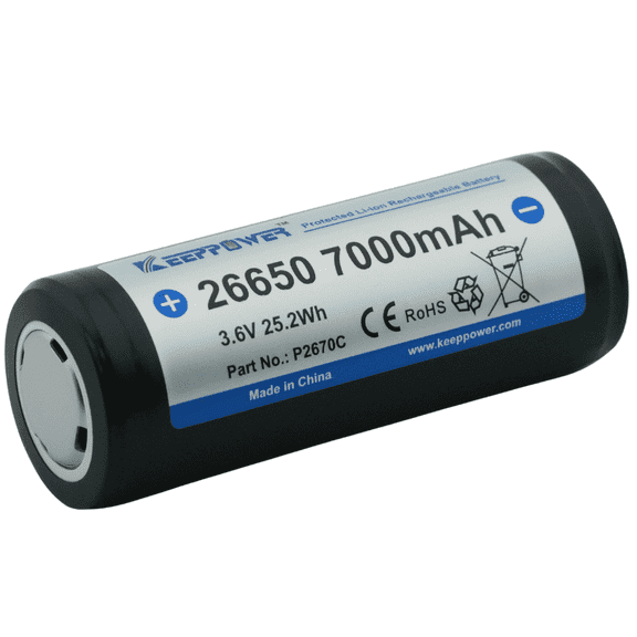 Keeppower 26650 Protected Lithium Ion Battery Rechargeable 3.6V 7000mAh Great for Submarine Light