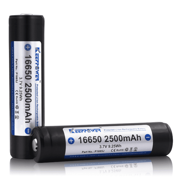 Keeppower 16650 Protected Lithium Ion Battery Button-Top Rechargeable 2500mAh 3.7V P1665J (2 Pack)