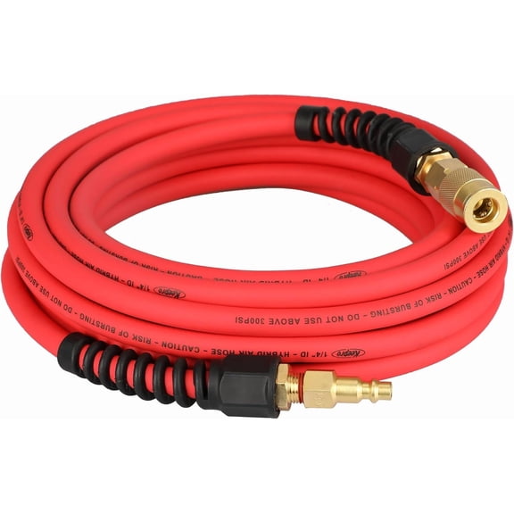Keepro Hybrid Air Hose, Flexible 1/4 Inch ID By 25 Feet Long Air Compressor Hose with Repairable Solid Brass 1/4" Industrial Quick Coupler and Plug, 300 PSI Maximum Pressure, Red