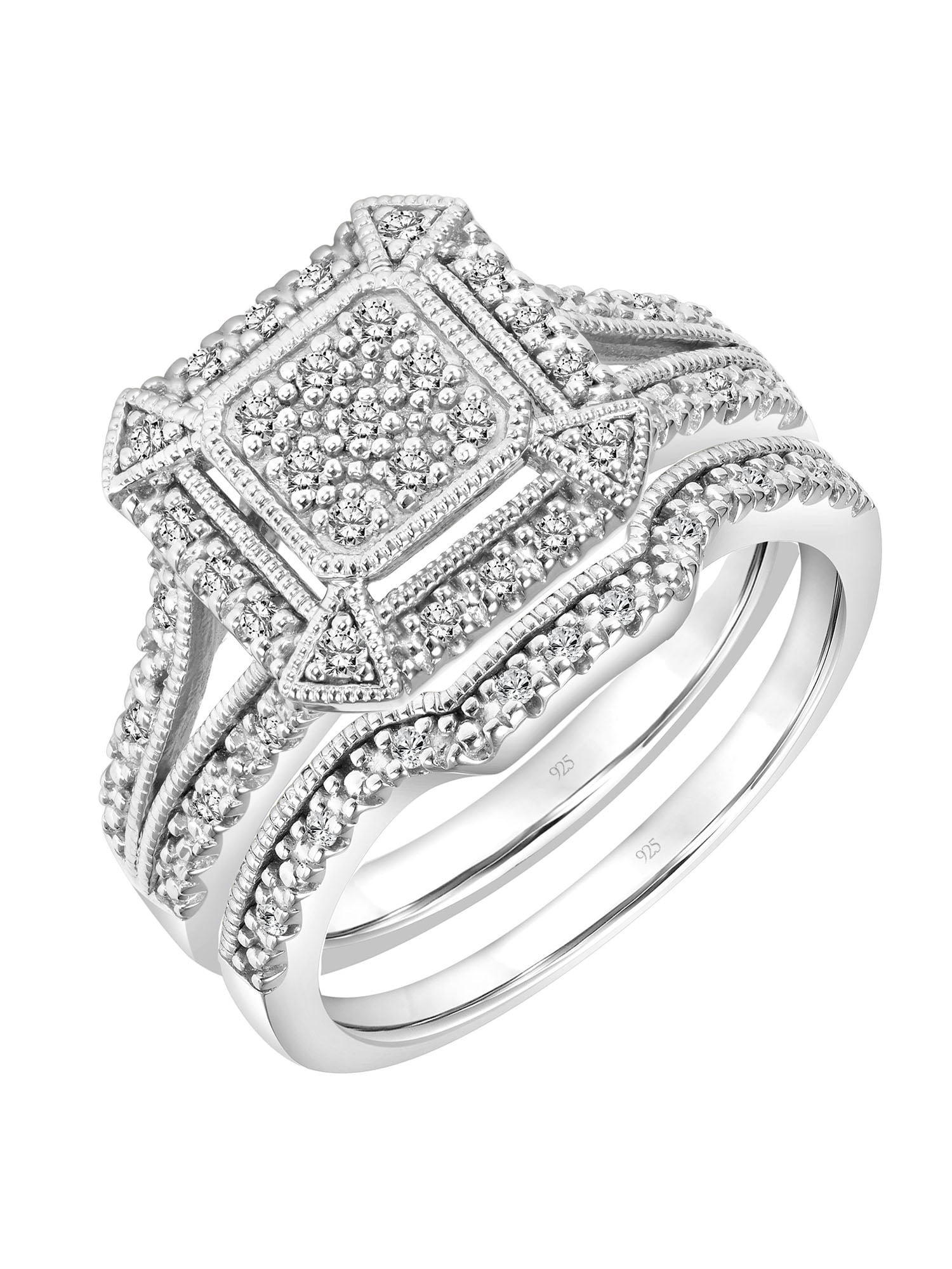 Keepsake 1/4 Carat T.W. Diamond Square Halo 2-Piece Bridal Set in Sterling Silver