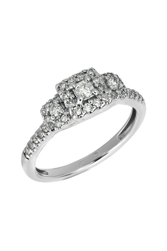 2/5ctw Diamond 10kt White Gold Three-Stone Halo Engagement Ring (H-I, I2)