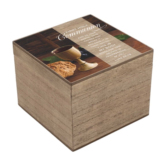 Elanze Designs First Holy Communion - In Remembrance of Me - Luke 22:19 - 4x3 Inch Brown MDF Wood Keepsake Memento Box
