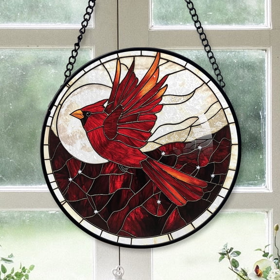 Keepsake Christmas Gift - Mystic Twilight Red Cardinal Stained Glass Hanging Ornament - Spirit Xmas Tree Decoration, Holiday Gift for Mom, Dad, Friends, Family