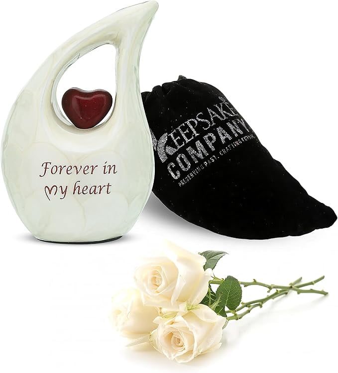 Keepsake Company Teardrop Urn with Red Heart – White Mini or Medium Urn for Human or Pet Ashes – Decorative Cremation Keepsake (3 Inches Tall, 2–3 Teaspoon Capacity)