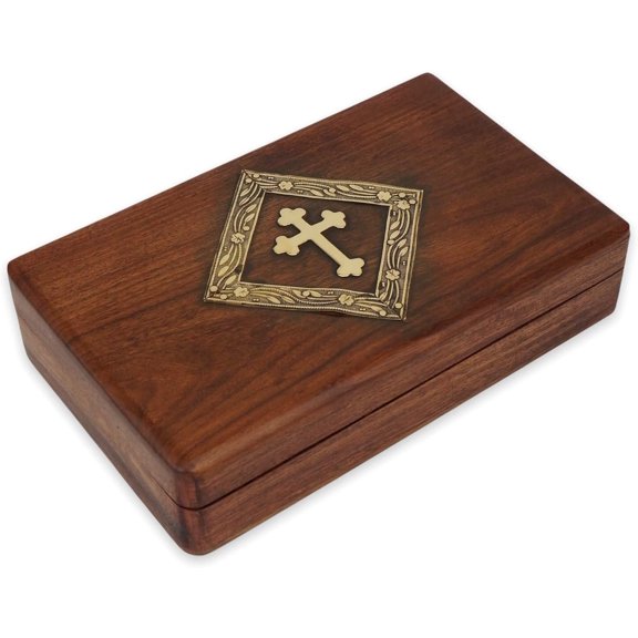 Keepsake Incense Storage Box with Hinged Lid and Metal Cross