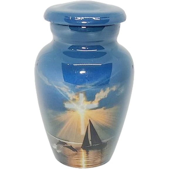Keepsake Urn Cross on The Beach with Boat and DolphinKeepsake Cremation Urn for Human Ashes with Velvet Box & Velvet Bag-Mini Keepsake Urn - Affordable Keepsake Urn (3 cu.in)