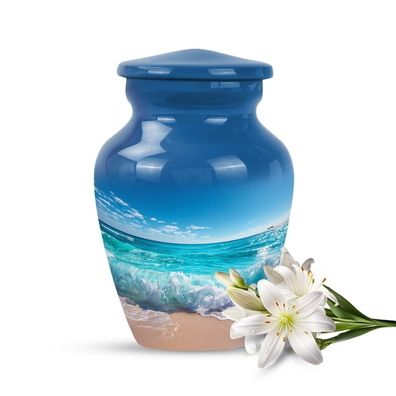 Keepsake Urn for Pet or Infant – Mini Ocean Blue Sky Ashes Holder – Tranquil Beach Memorial Design – 3" Keepsake