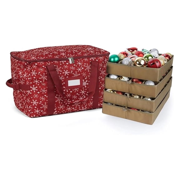 Keepsakes Adjustable Ornament Storage Bag  Heavy-Duty Polyester, Padded Dividers & FlexGrid Trays  Protective Organizer with Handles & Label Window, Red Snowflake
