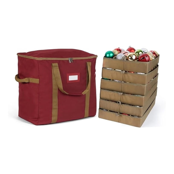 Keepsakes Adjustable Ornament Storage Bag  Heavy-Duty Polyester, Padded Dividers & FlexGrid Trays  Protective Organizer with Handles & Label Window, Red