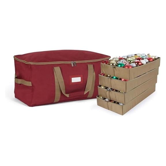 Keepsakes Adjustable Ornament Storage Bag  Heavy-Duty Polyester, Padded Dividers & FlexGrid Trays  Protective Organizer with Handles & Label Window, Red