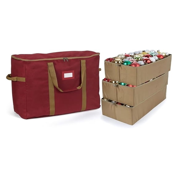 Keepsakes Adjustable Ornament Storage Bag  Heavy-Duty Polyester, Padded Dividers & FlexGrid Trays  Protective Organizer with Handles & Label Window, Red