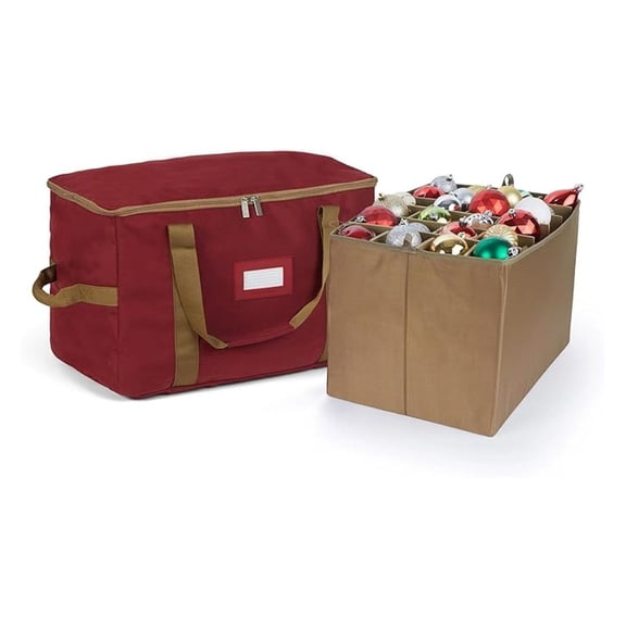 Keepsakes Adjustable Ornament Storage Bag  Heavy-Duty Polyester, Padded Dividers & FlexGrid Trays  Protective Organizer with Handles & Label Window, Red