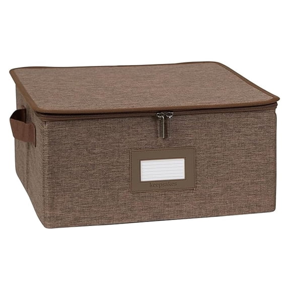 Keepsakes Dish Storage Box - Stackable, Reinforced Handles, China Storage, Brown