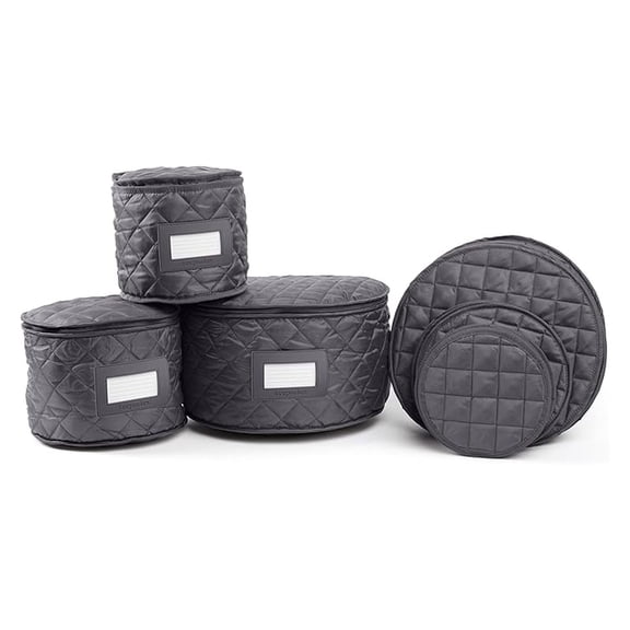 Keepsakes Dish Storage Set  Padded China & Dinnerware Storage Cases with Dividers, Cup & Stemware Storage, Quilted Polyester Protection, ID Window, Slate