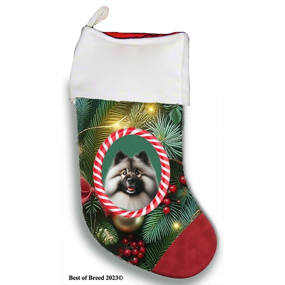 Keeshond - Best of Breed Christmas Stocking 13.5" Red Gaming Cloth with Red Lining ,Plush White Cuff