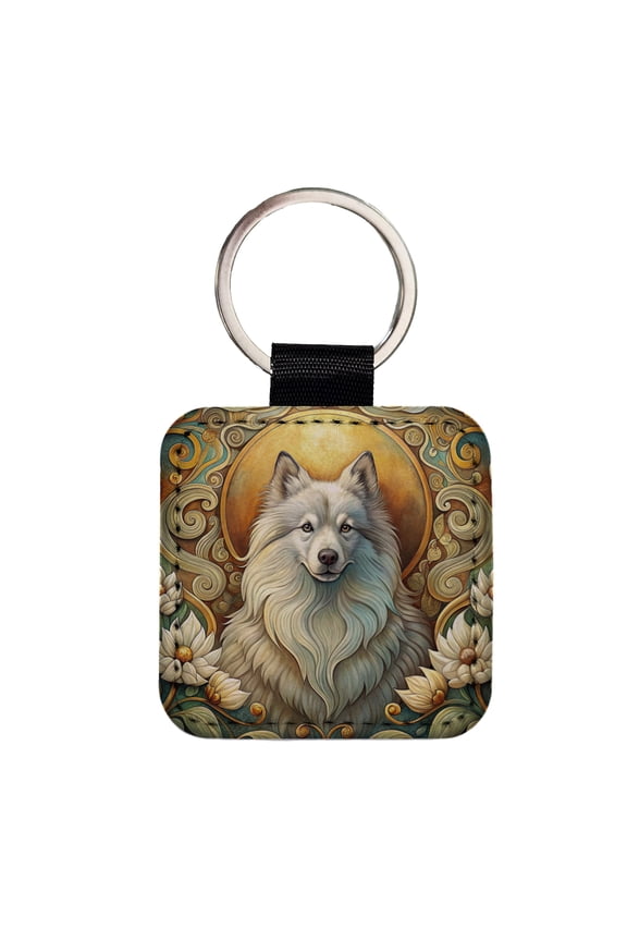 Keeshond Dog Art Nouveau Faux Leather Square Keychain