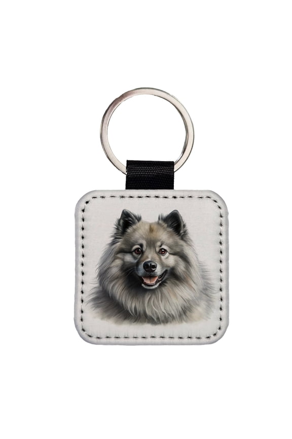 Keeshond Dog Illustration Faux Leather Square Keychain