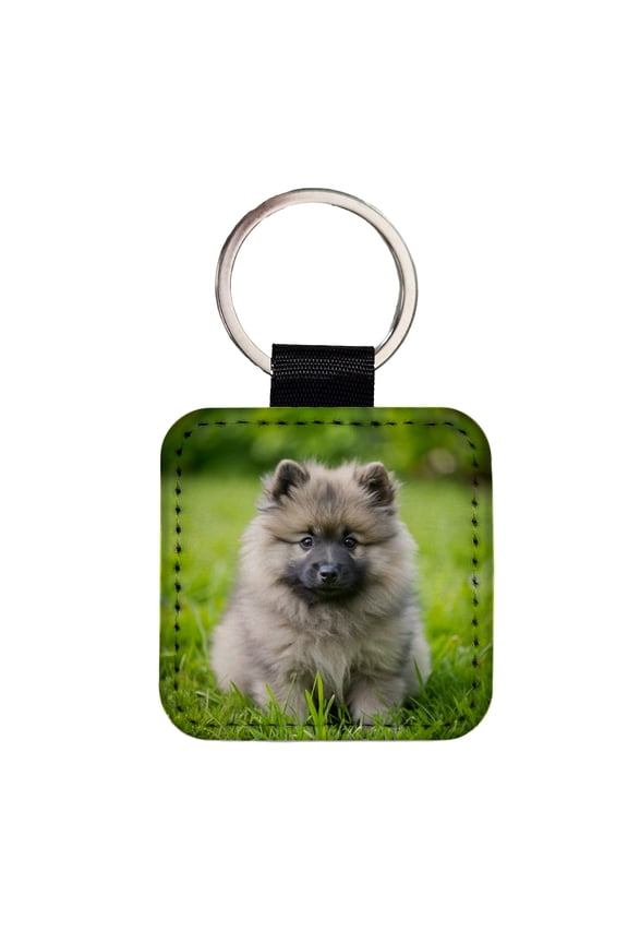 Keeshond Dog Puppy Photo Faux Leather Square Keychain
