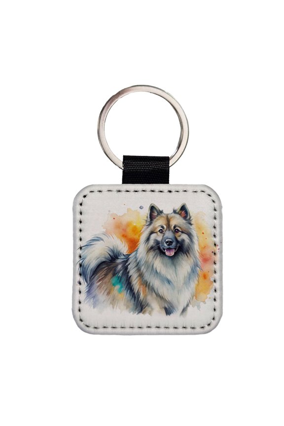 Keeshond Dog Watercolor Style Faux Leather Square Keychain