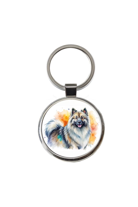 Keeshond Dog Watercolor Style Metal Round Keychain