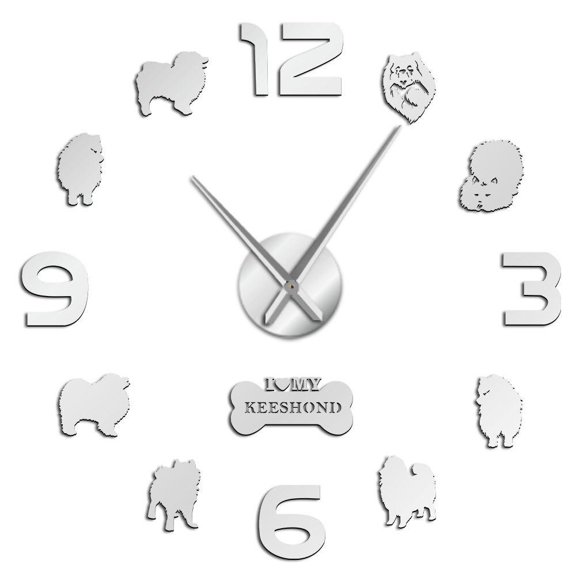 Keeshond Dutch Barge Dog 3D DIY Large Wall Clock Smiling Dutchman German Spitz Deutscher Wolfspitz Kees Creative Sticker Clocks(Silver,47inch)