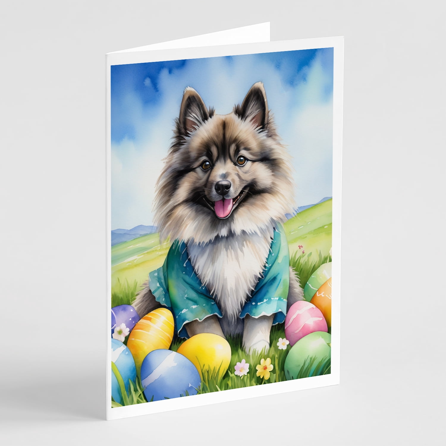 Keeshond Easter Egg Hunt Greeting Cards Pack of 8 7 in x 5 in