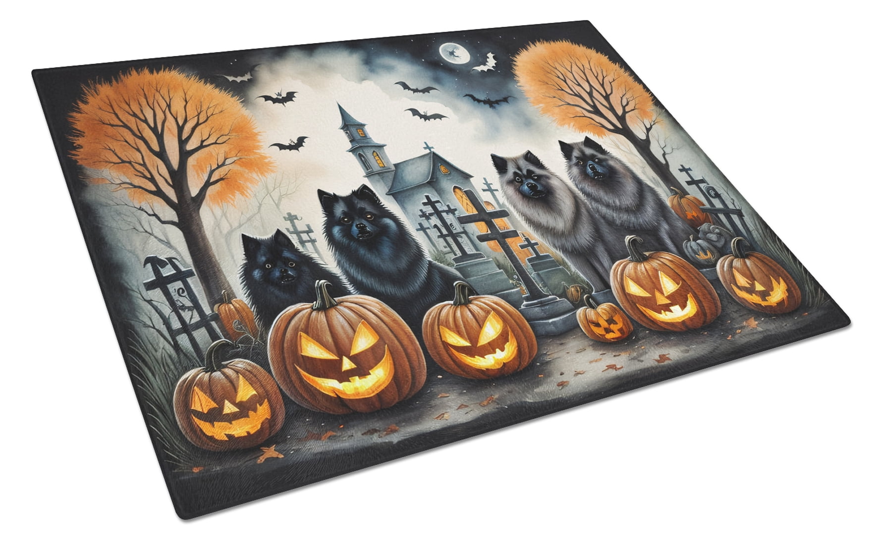 Keeshond Spooky Halloween Glass Cutting Board Large 12 in x 15 in