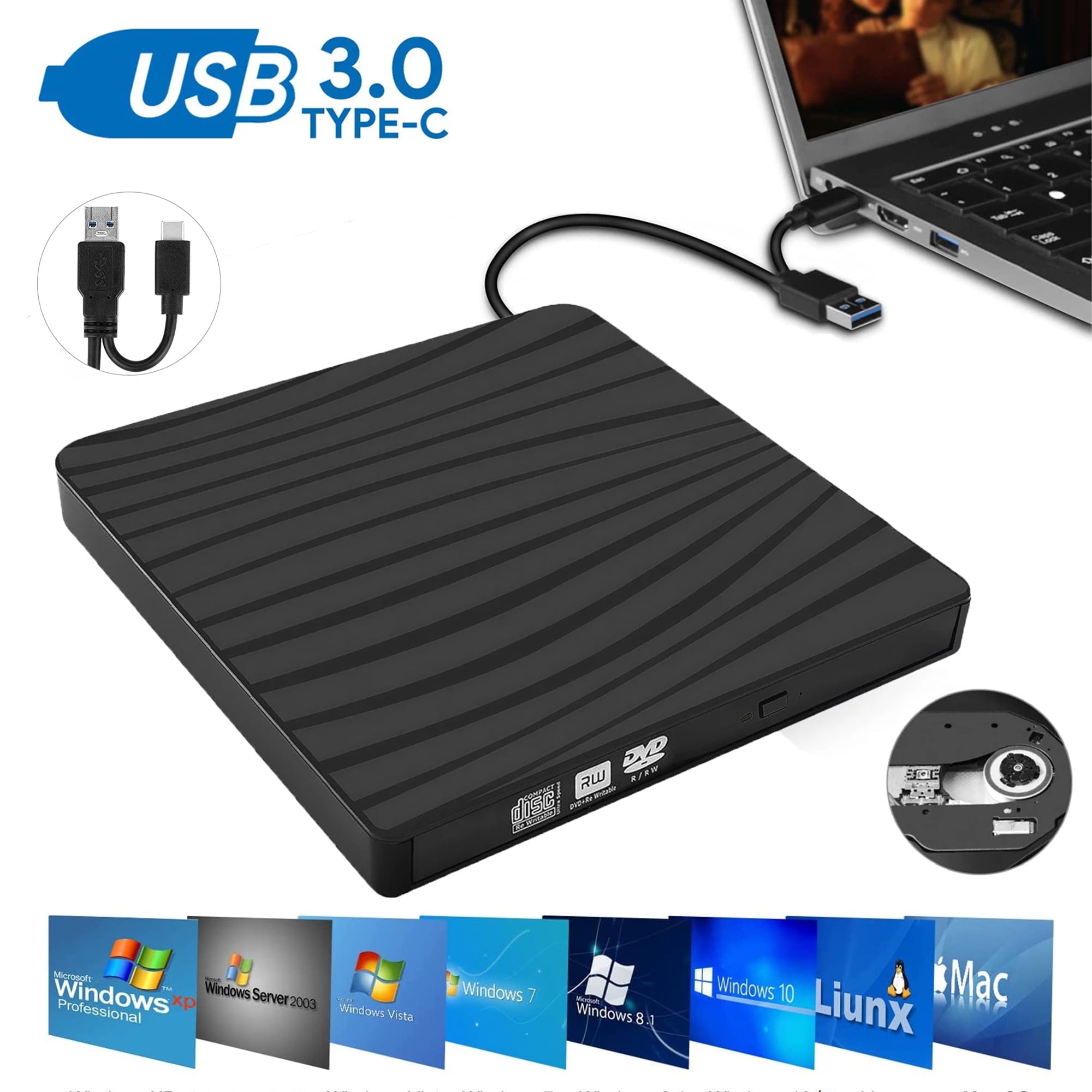 KeesonKimi External DVD Drive, USB 3.0 Type-C Portable CD/DVD+/-RW ...