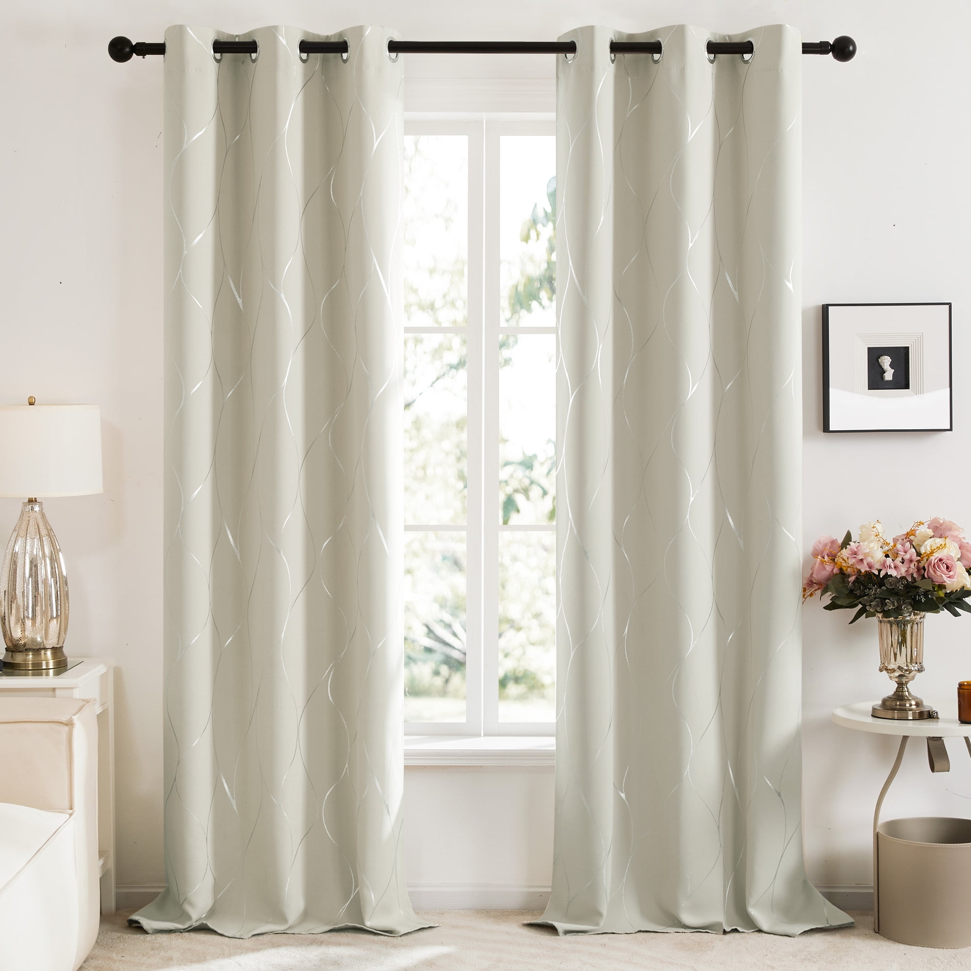 KeesonKimi Silver Wave Foil Print Blackout Curtains Grommet Light