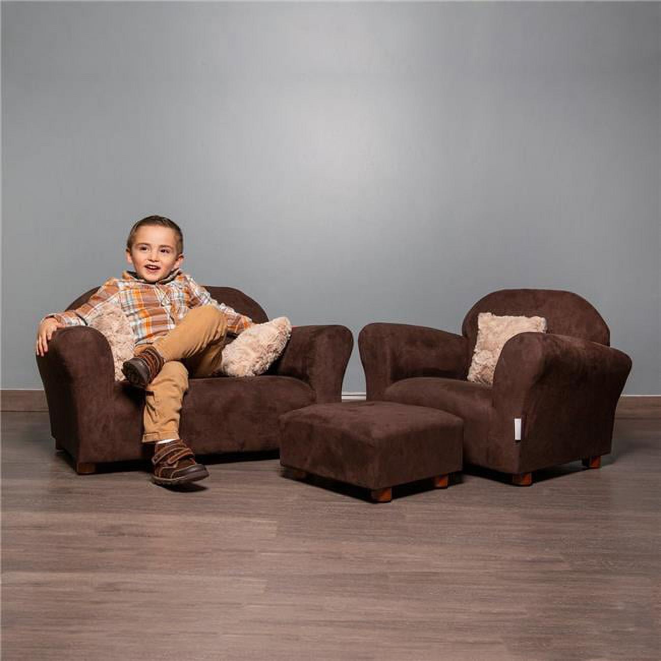 Plush Keet Children s Set Charcoal Sofa Chair and Ottoman w pink accent pillows Walmart