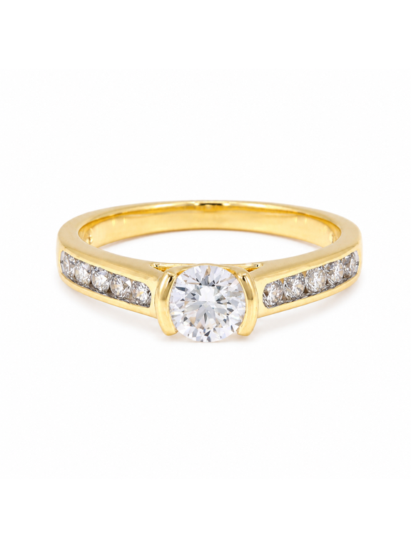 0.75 Ct Moissanite Round Stone Center Half Bezel Set Engagement Ring for Women, Yellow Gold Plated 925 Sterling Silver, Sizes 6