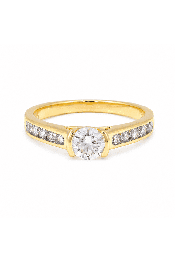 0.75 Ct Moissanite Round Stone Center Half Bezel Set Engagement Ring for Women, Yellow Gold Plated 925 Sterling Silver, Sizes 7.5
