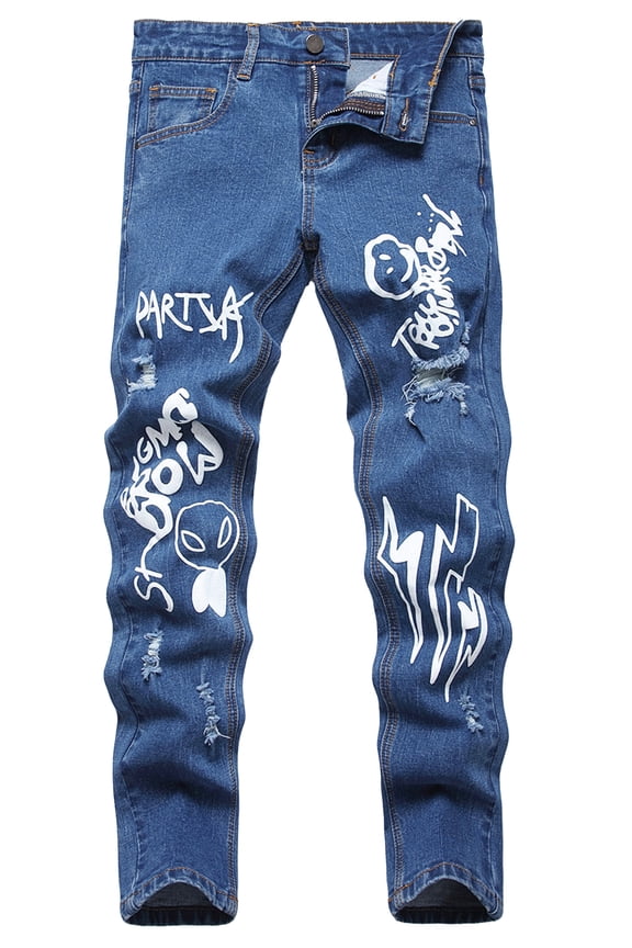 Boy's Skinny Jeans Fit Ripped Distressed Stretch Slim Printed Jeans Pants