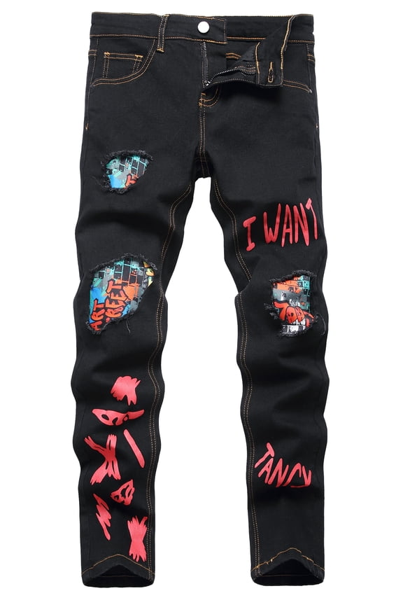 Boy's Skinny Jeans Fit Ripped Distressed Stretch Slim Printed Jeans Pants