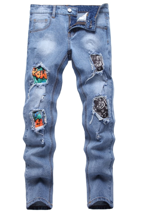 Boys Slim Fit Jeans Skinny Ripped Distressed Stretch Slim Patch Jeans