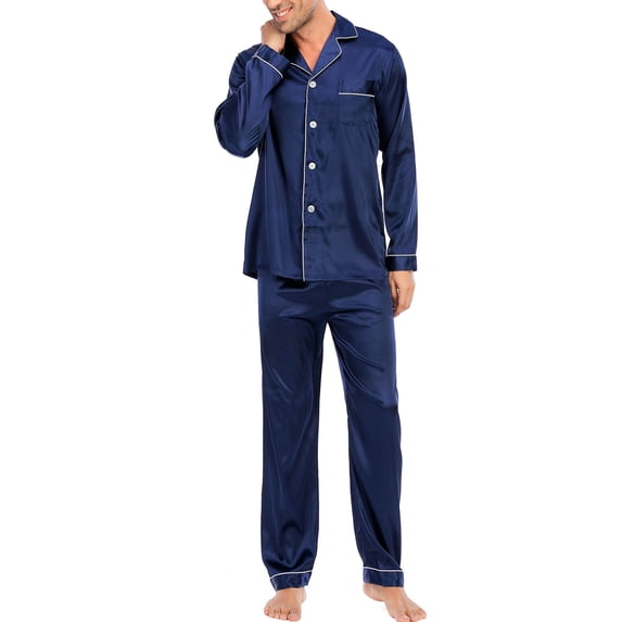 Keevoom Men's Silk Pajama Set Casual Long Sleeve Satin Pajamas Sleepwear