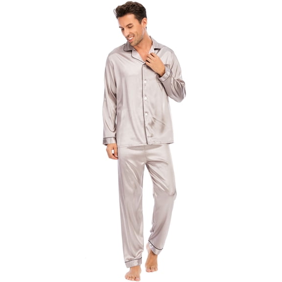 Keevoom Men's Silk Pajama Set Casual Long Sleeve Satin Pajamas Sleepwear