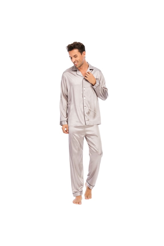 Men's Silk Pajama Set Casual Long Sleeve Satin Pajamas Sleepwear