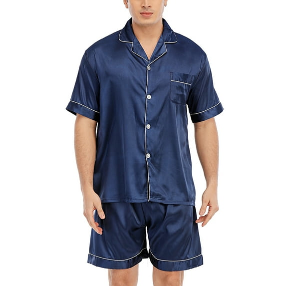 Keevoom Mens Silk Satin Pajamas Set Casual Short Sleeve Button Down Sleepwear Loungewear Suit