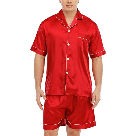 Keevoom Mens Silk Satin Pajamas Set Casual Short Sleeve Button Down Sleepwear Loungewear