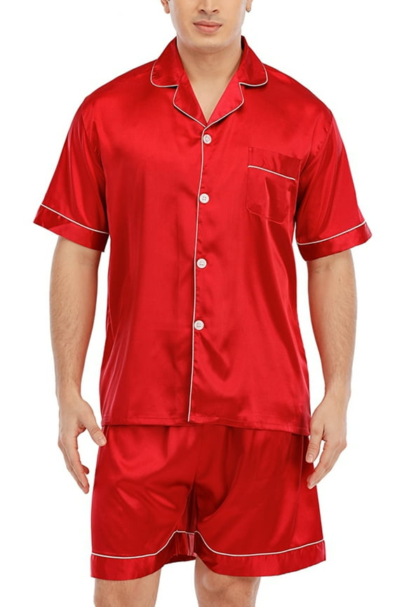 Mens Silk Satin Pajamas Set Casual Short Sleeve Button Down Sleepwear Loungewear
