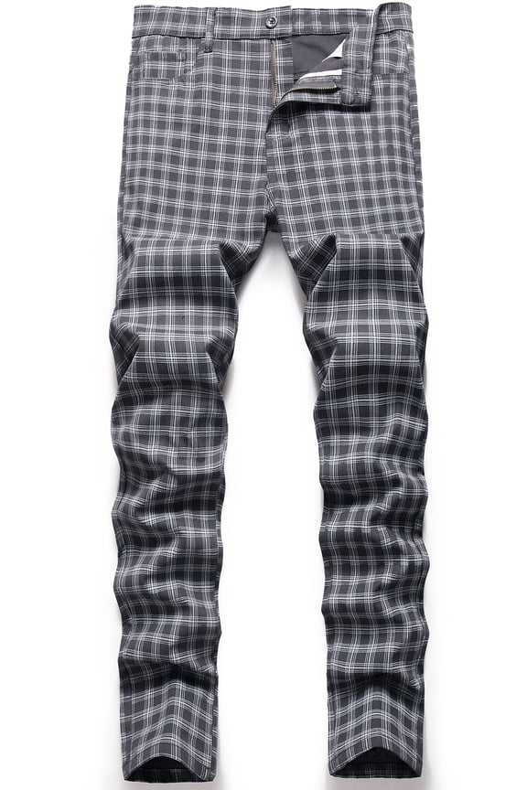 Mens Slim Fit Dress Pants Casual Stretch Flat-Front Plaid Chinos Pants