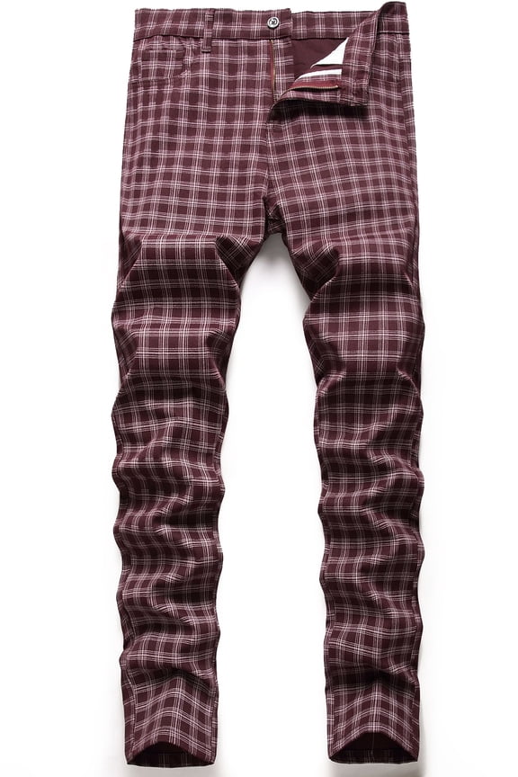 Mens Slim Fit Dress Pants Casual Stretch Flat-Front Plaid Chinos Pants