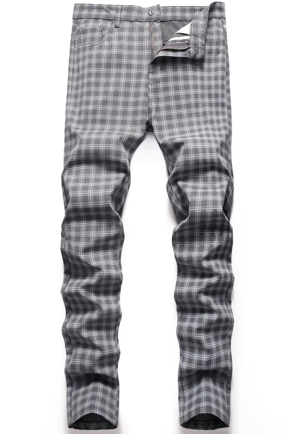 Mens Slim Fit Dress Pants Casual Stretch Flat-Front Plaid Chinos Pants