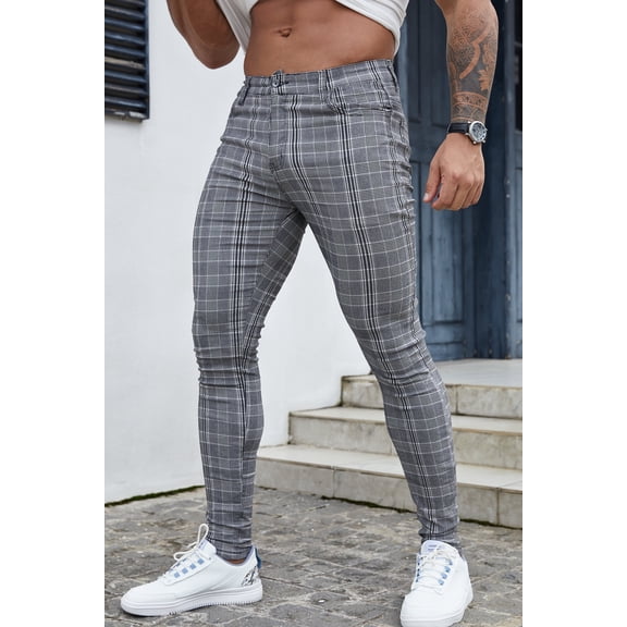 Keevoom Mens Slim Fit Dress Pants Casual Stretch Flat-Front Plaid Chinos Pants